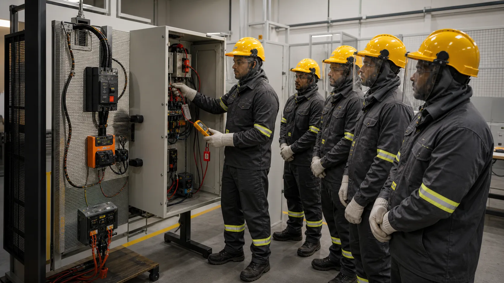 Participante usa um instrumento de medição num painel elétrico aberto enquanto colegas de capacete e luvas observam em fila.