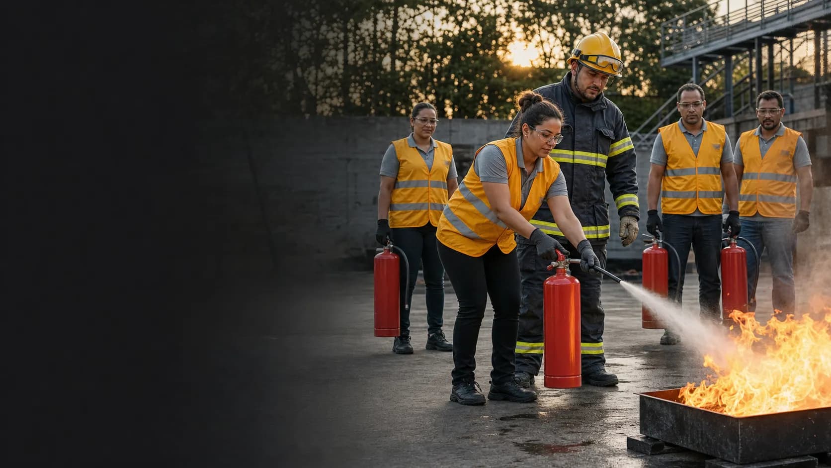 Participante usa um extintor portátil num fogo controlado, observada por um instrutor e por colegas de colete refletivo.