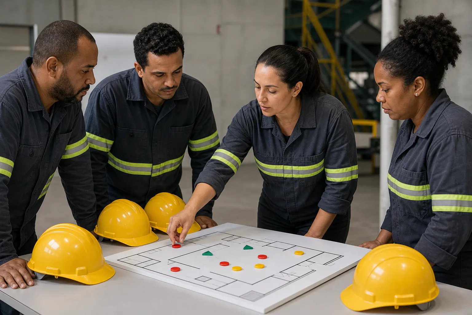 Quatro trabalhadores debruçados sobre a planta de um setor posicionam marcadores coloridos, montando um mapa de riscos.